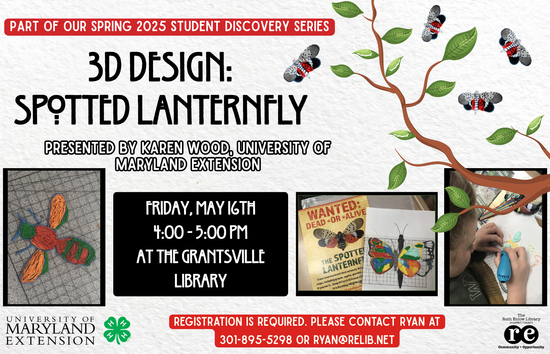 branch, REL logo, UMD Extension 4/H logo, cartoon lanternflys, photos of 3D spotted lanternflies