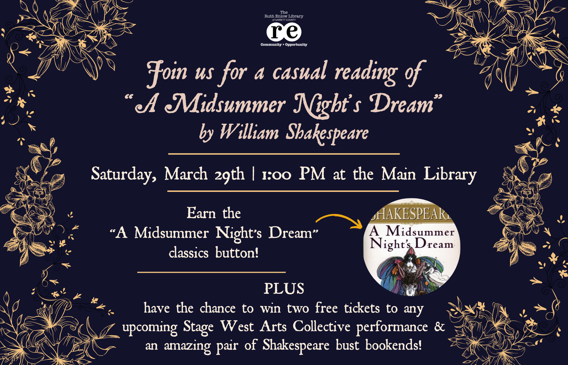 a midsummer nights dream classics button photo, REL logo, gold designs
