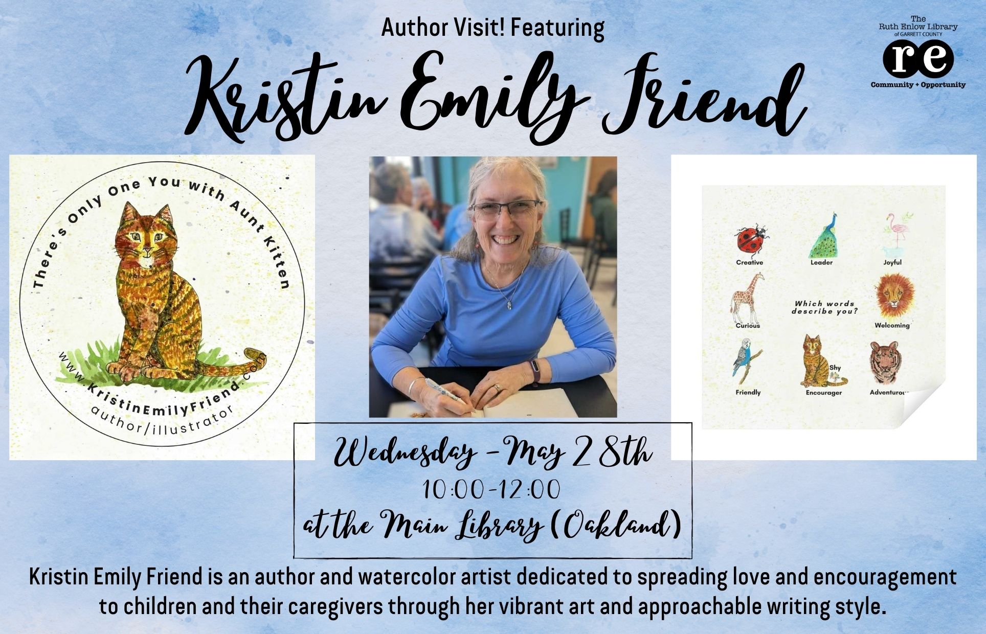 REL logo, photo of author Kristin Emily Friend, cover of book "There's Only One You with Aunt Kitten", page from same book