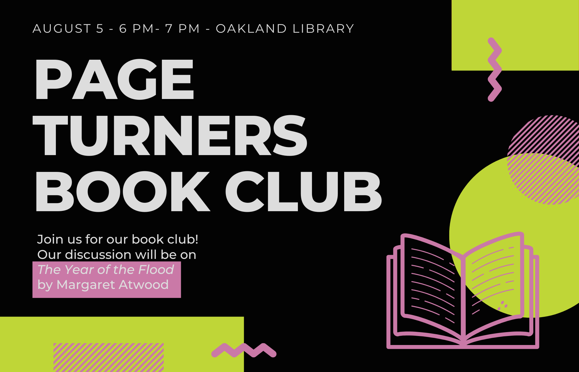 graphic of book, squares and circles, web slide for page turners book club august