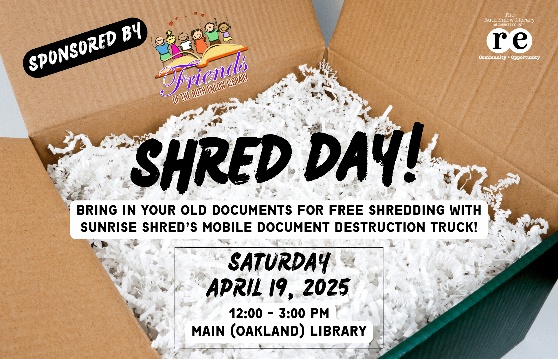 Friends of the Library logo, REL logo, shredded paper