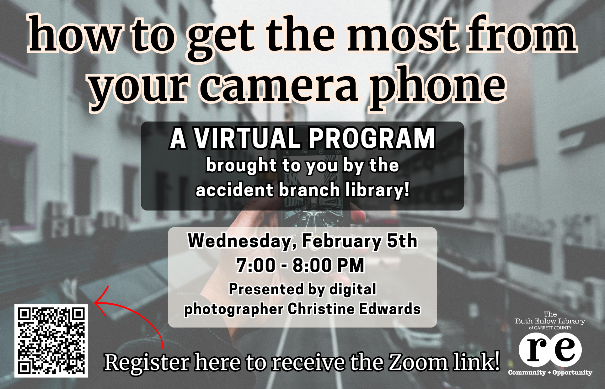 QR Code, REL logo, hand holding camera phone, AD for Camera Phone Virtual Program
