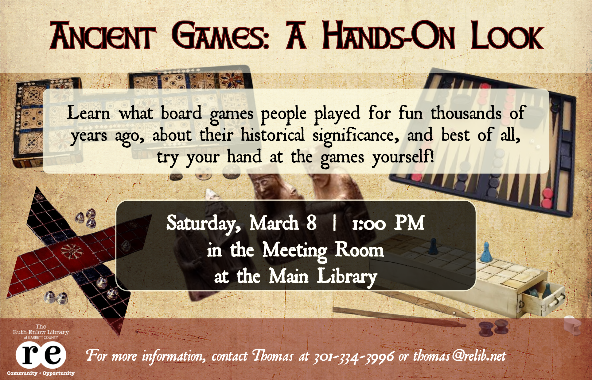 photos of ancient games, REL logo, ad for Ancient Games program