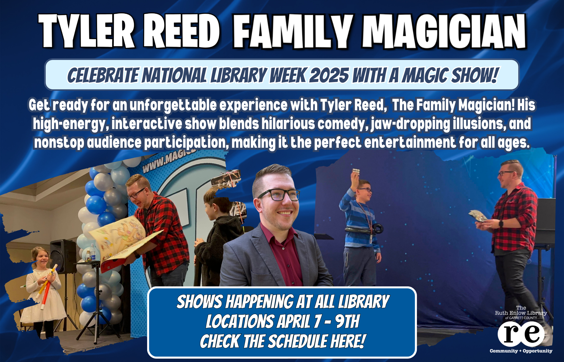 REL logo, photos of Tyler Reed performing magic