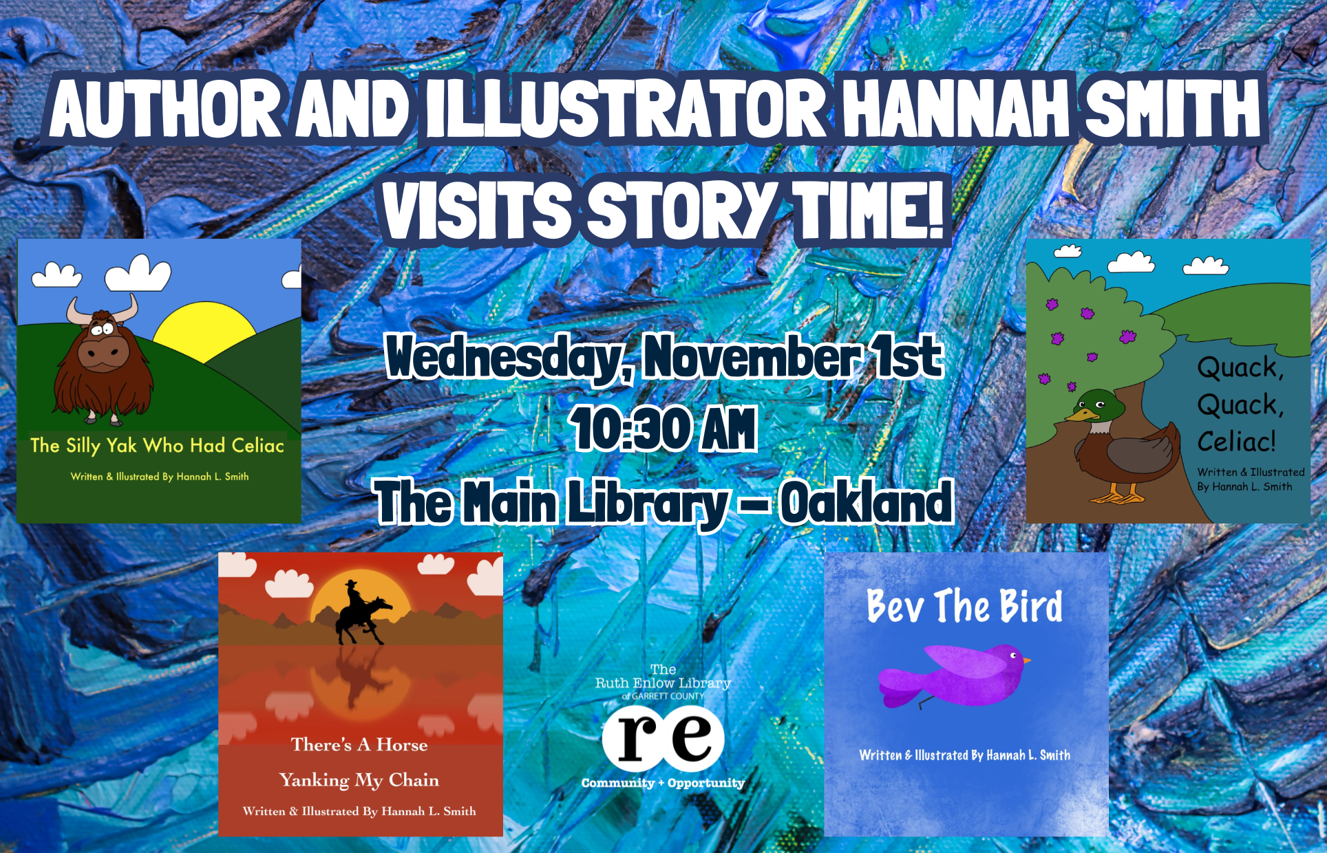 blue paint background; covers of children's books