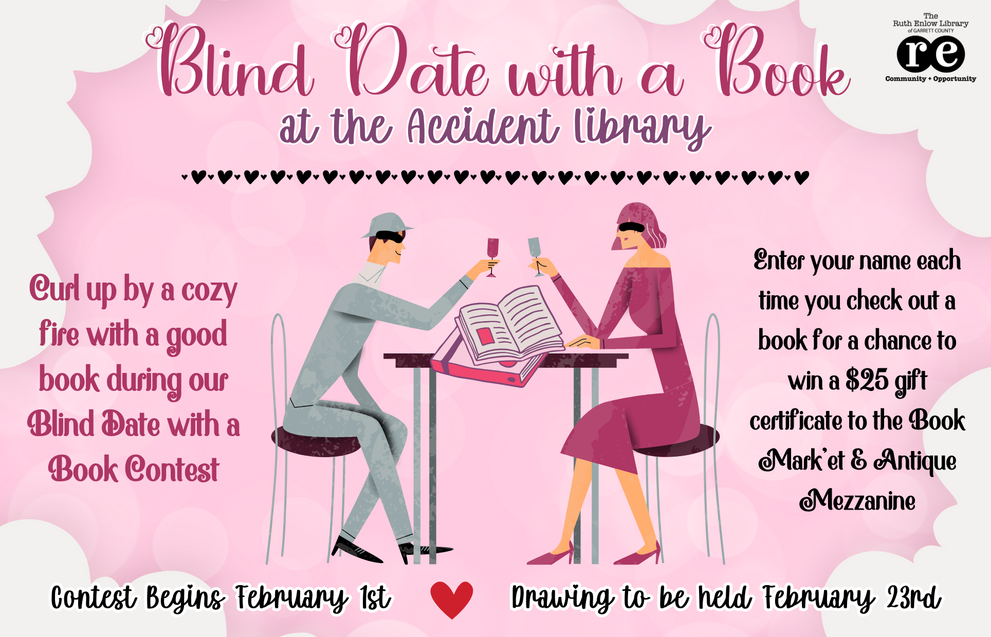 couple at a table with blindfolds on and books in the center of table