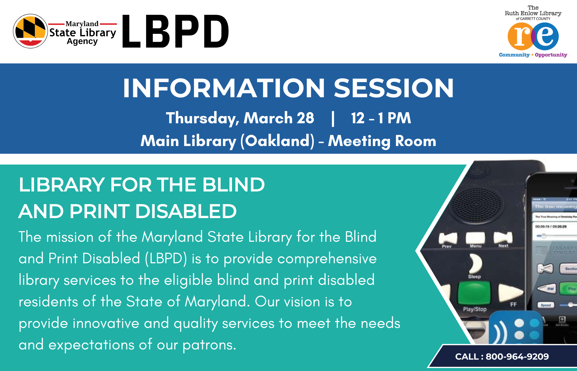 LBPD logo, REL logo, partial photo of the Digital Talking Book Machine