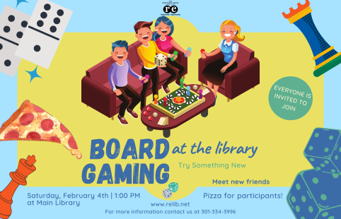 Cartoon of game pieces, pizza, and cartoons playing board games