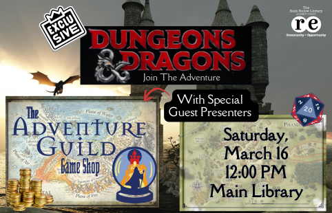 D&D logo, maps, Adventure Guild game shop logo, dragon, castle, D&D campaign maps