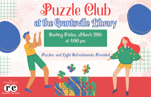 REL logo, puzzle, graphics, people, ad for Puzzle Club at the Grantsville Library