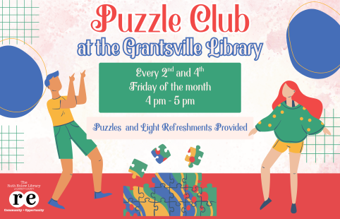 REL logo, puzzle, graphics, people, ad for Puzzle Club at the Grantsville Library