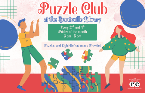 REL logo, puzzle, graphics, people, ad for Puzzle Club at the Grantsville Library