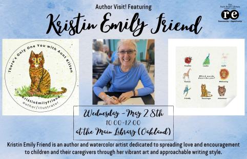 REL logo, photo of author Kristin Emily Friend, cover of book "There's Only One You with Aunt Kitten", page from same book