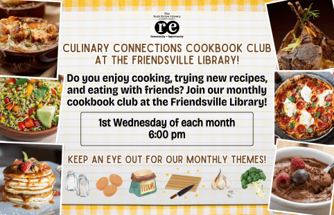 advertisement for Friendsville's Cookbook Club- photos of food, graphics of cooking ingredients, REL logo