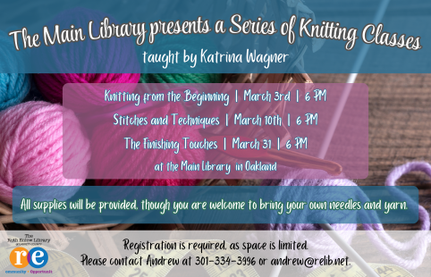 knitting supplies, REL logo, A Series of Knitting Classes at the Main Library