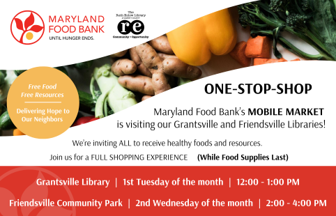 MD food bank logo, REL logo, photo of produce
