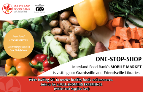 MD food bank logo, REL logo, photo of produce