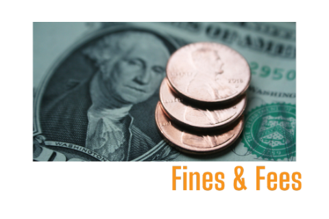 Fines & Fees @ REL Dollar bill in background with 3 pennies stacked