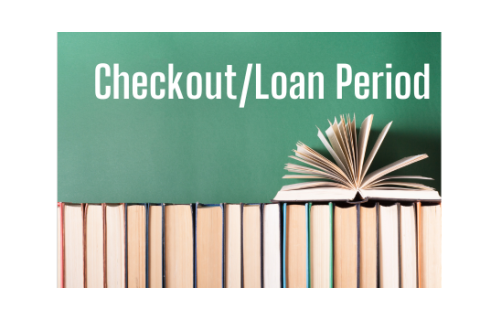 Checkout/Loan Period @ REL Line of books with opened book on top - checkout/loan period