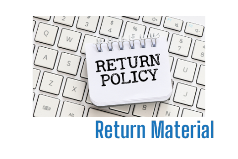 Return Materials @ REL Image of keyboard with Return Policy text on notebook