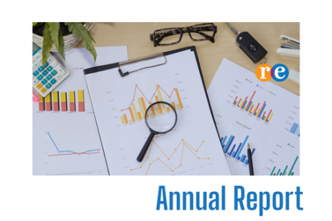 Annual Report @ REL Graphs and chars with magnifying glass and RE logo