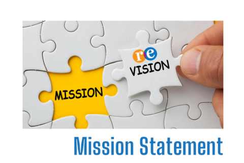 Mission Statement @ REL White puzzle with mission text in yellow and white RE logo vision puzzle piece