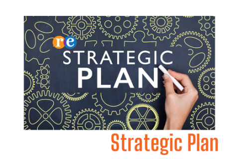 Strategic Plan @ REL Gears on blackboard - Strategic Plan text written in chalk; RE logo