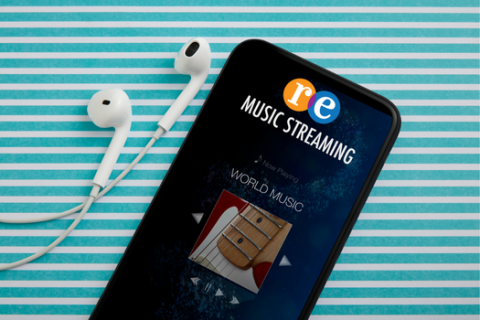 Image of phone with headphones and text Music Streaming with RE logo
