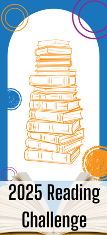 Stack of pencil drawn outlined books in orange with blue background; 2025 Reading Challenge