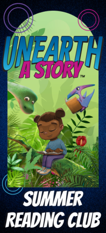 Summer Reading Club Unearth a Story dinosaurs and girl reading on branch in a stylized jungle-like setting