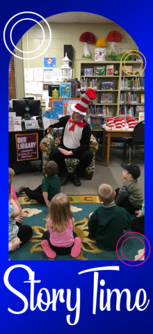 The Cat in the Hat reads to children during Story Time at Kitzmiller Library