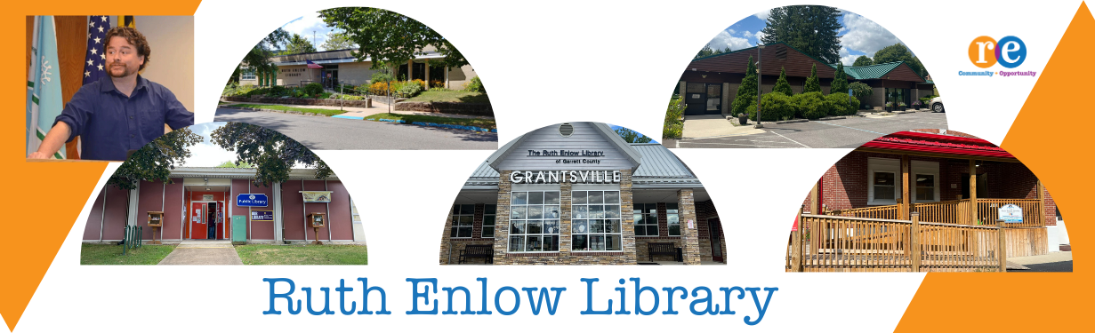Thomas Vose in left corner with 5 half circle images of Ruth Enlow Libraries with RE logo