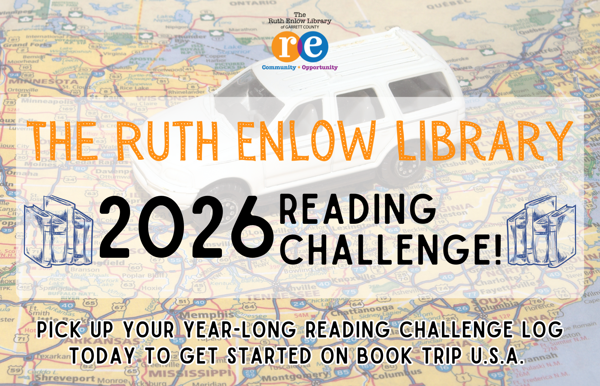 Ruth Enlow Library 2026 Reading Challenge banner including road trip background with white car on top of northeastern United States map, line drawing of books, REL logo