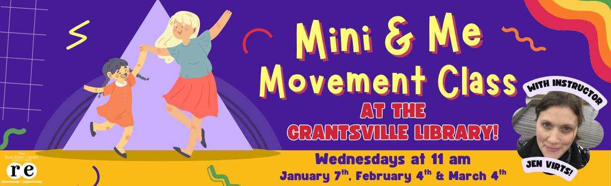 REL logo, headshot of Instructor Jen Virts, multicolored shapes and squiggles, cartoon of dancing mother and child, spotlight, record, rainbow, slide advertising Mini and Me Movement class at Grantsville