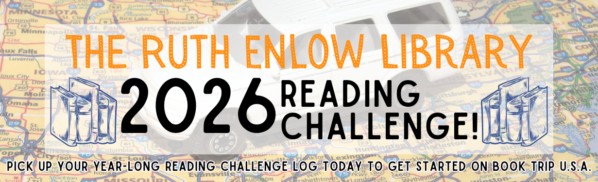 2026 Year-Long Reading Challenge Monitor slide; images include shelf of 3 blue books, background is a map of Northeastern United States; wording states "The Ruth Enlow Library 2026 Reading Challenge" and "Pick up your year-long reading challenge log today to get started on book trip U.S.A."
