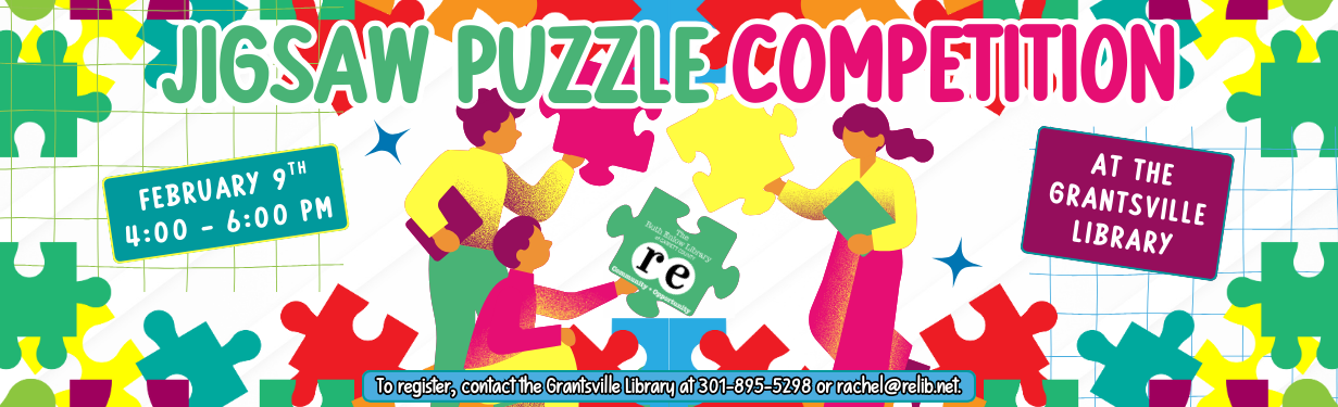 advertisement for Grantsville Library's Jigsaw Puzzle Competition with decorative images