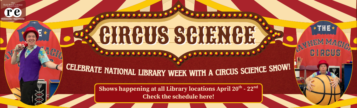 Circus Science website banner overall design theme of a circus tent top and stage with two photos of Gregory May posing with props in front of his Mayhem Magical Circus backdrop; includes white The Ruth Enlow Library of Garret County Community + Opportunity logo