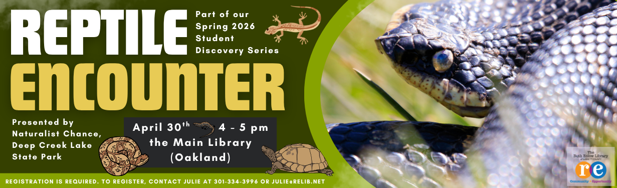 Reptile Encounter website slide featuring a photo of an Eastern hog-nosed snake and the full-color The Ruth Enlow Library of Garrett County Community + Opportunity logo. Includes all relevant date, time, location, and required registration information.