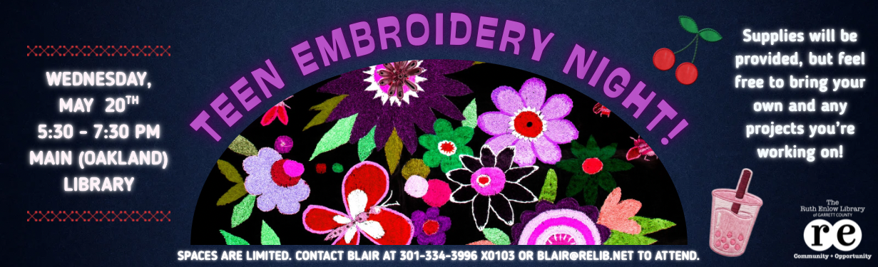 Advertising image featuring photo of embroidered flowers - includes all relevant event details included in this webpage.