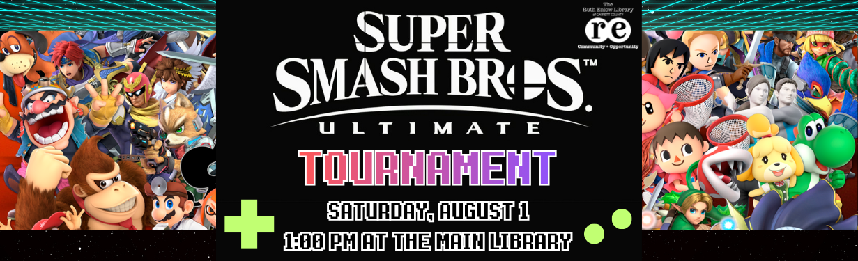 Super Smash Bros. Tournament banner with Nintendo game logo plus characters, and library logo