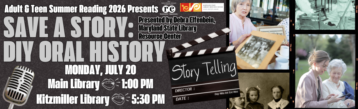 Save a Story advertising banner featuring film strip photo collage of old family photos and elderly individuals sharing stories. Contains all relevant event details mentioned in description.