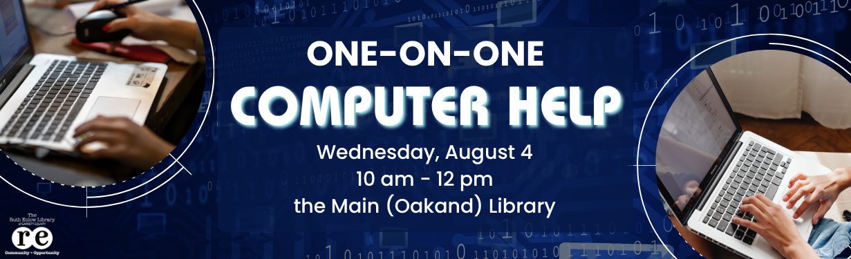 One-on-one computer help banner with photos of hands working on laptops, library logo
