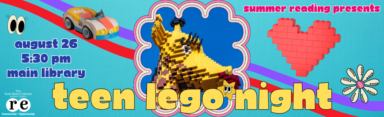 teen lego night banner featuring lego built giraffe, heart, car, library logo, and all relevant details included on page