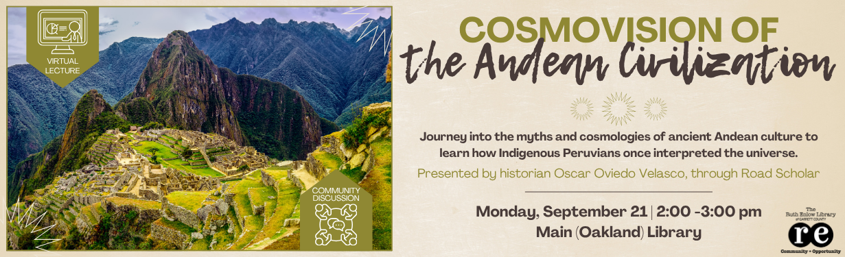 Cosmovision of the Andean Civilization monitor image featuring aerial photo of Machu Picchu, Peru