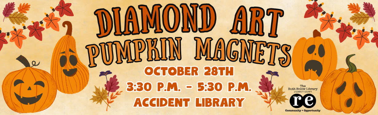 Diamond Art Pumpkin Magnets website banner with time/date/location and decorative jack-o-lanterns