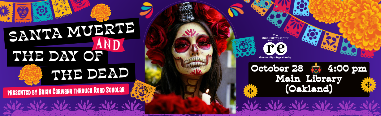 Santa Muerte & the Day of the Dead website banner featuring photo of woman wearing traditional dead of the dead makeup