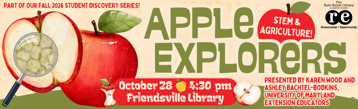 Apple Explorers: STEM & Agriculture website banner featuring whole and cut apple with a magnifying glass showing cellular makeup