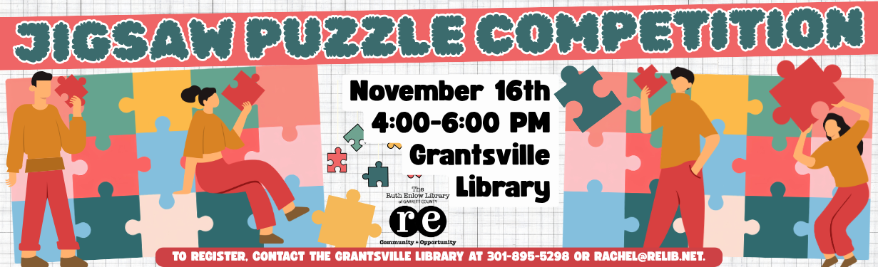 Jigsaw Puzzle Competition at Grantsville Library website slider image - decorative puzzles and people holding 