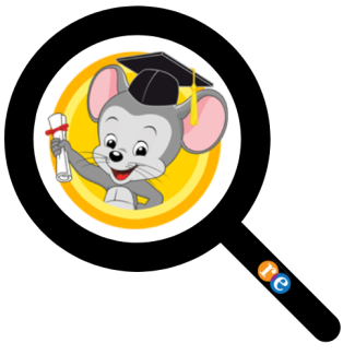 Magnifying glass with RE on handle and mouse with graduation cap and diploma