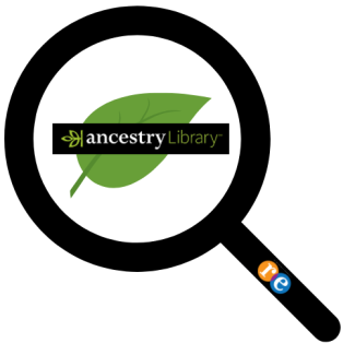 Magnifying glass with RE on handle, a leaf in background with Ancestry Library logo